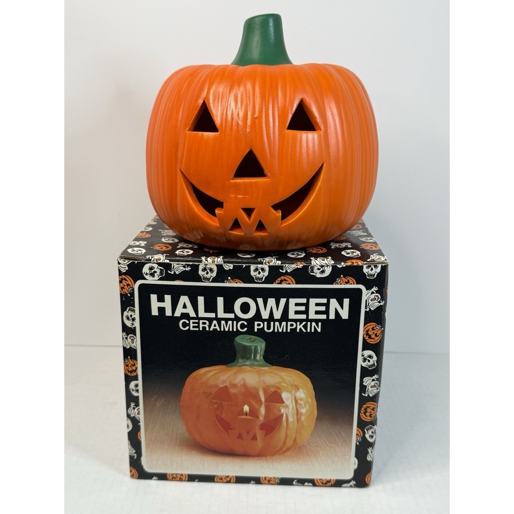 Halloween Ceramic Jack O Lantern‎ Pumpkin Votive Candle Holder Orange Vtg
